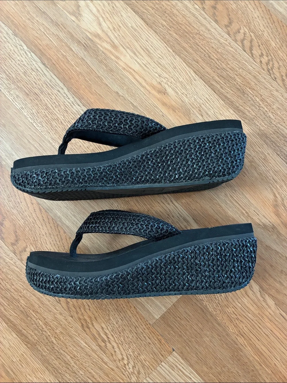 Volatile Black Braided Strap Thong Sandals with Yellow Logo